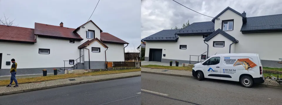 Wymiana pokrycia dachowego – czerwony dach przed i grafitowy po remoncie