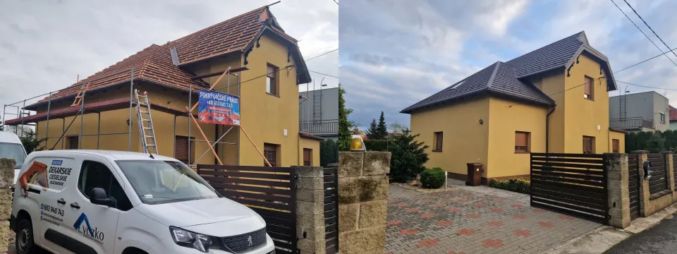 Wymiana dachu żółtego domu – stare czerwone i nowe grafitowe pokrycie