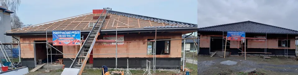 Budowa dachu domu parterowego – łacenie i gotowe pokrycie
